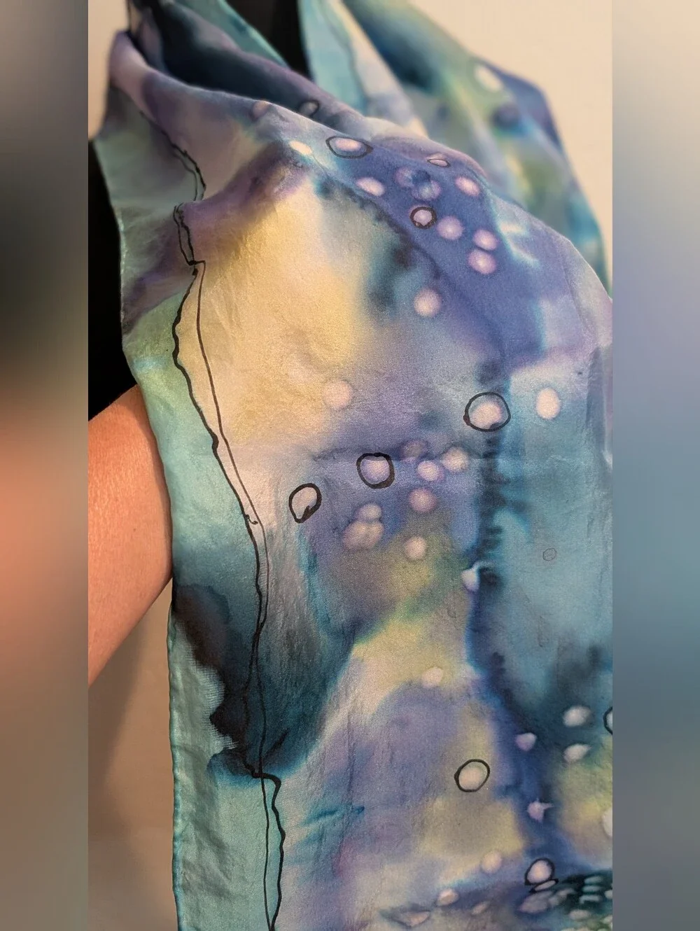Artist Signed Hand Painted Watercolor Purple Blue Silk 58